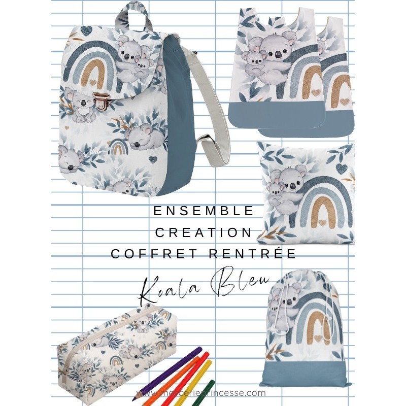 Ensemble Koala Bleu pour rentrée scolaire: sac à dos, pochons, coussins, bavoirs, trousse - coton Oeko-Tex®