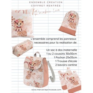 Ensemble Rainbow Lion pour rentrée scolaire: sac à dos, pochons, coussins, bavoirs, trousse - coton Oeko-Tex®