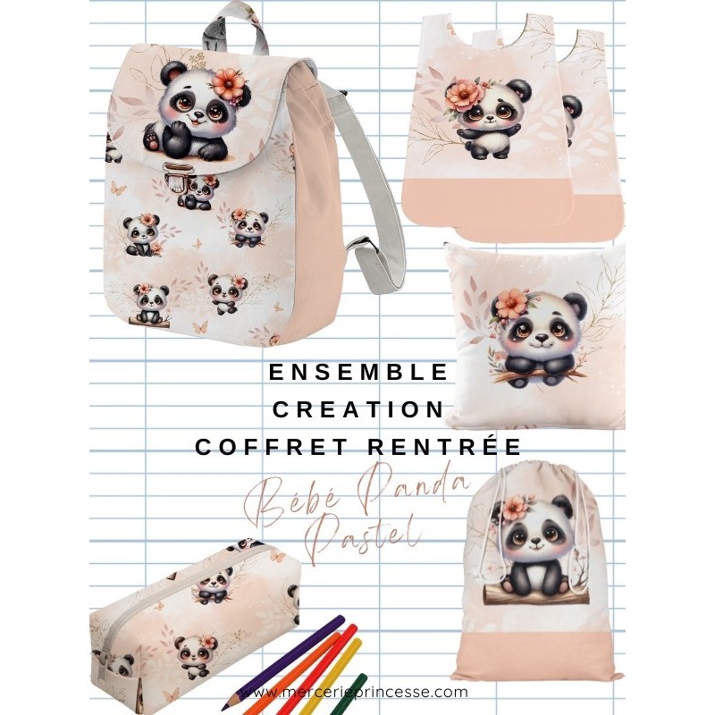 Ensemble Bébé Panda Pastel pour rentrée scolaire: sac à dos, pochons, coussins, bavoirs, trousse - coton Oeko-Tex®