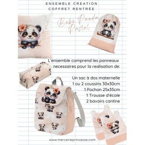 Ensemble Bébé Panda Pastel pour rentrée scolaire: sac à dos, pochons, coussins, bavoirs, trousse - coton Oeko-Tex®