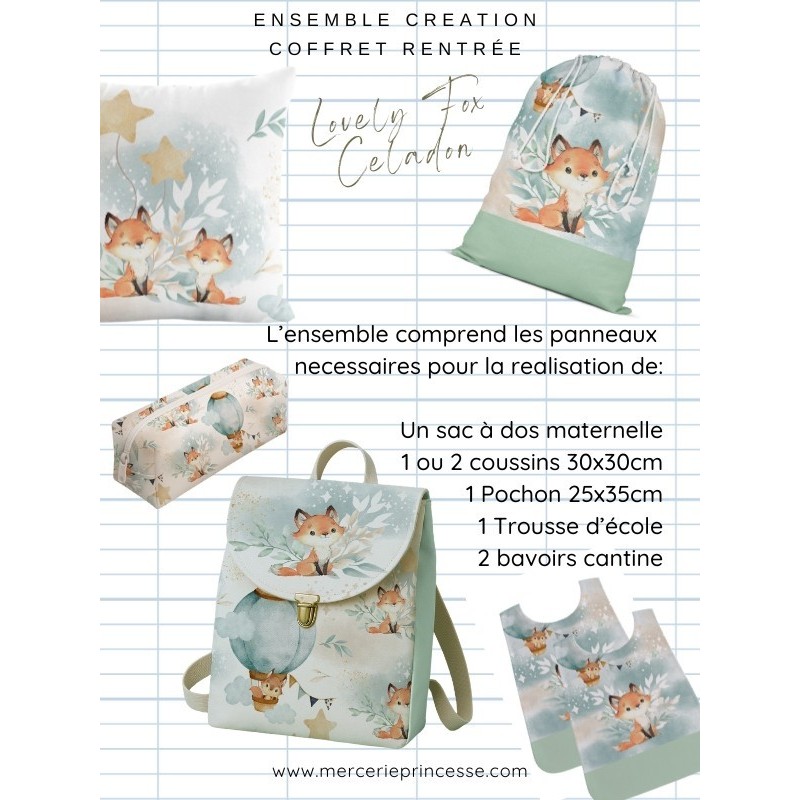 Ensemble Lovely Fox Celadon pour rentrée scolaire: sac à dos, pochons, coussins, bavoirs, trousse - coton Oeko-Tex®