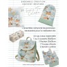 Ensemble Lovely Fox Celadon pour rentrée scolaire: sac à dos, pochons, coussins, bavoirs, trousse - coton Oeko-Tex®
