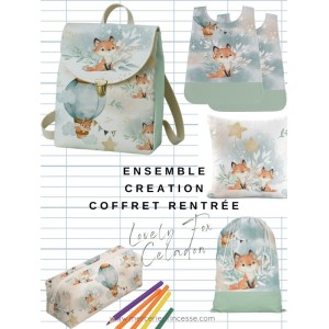 Ensemble Lovely Fox Celadon pour rentrée scolaire: sac à dos, pochons, coussins, bavoirs, trousse - coton Oeko-Tex®