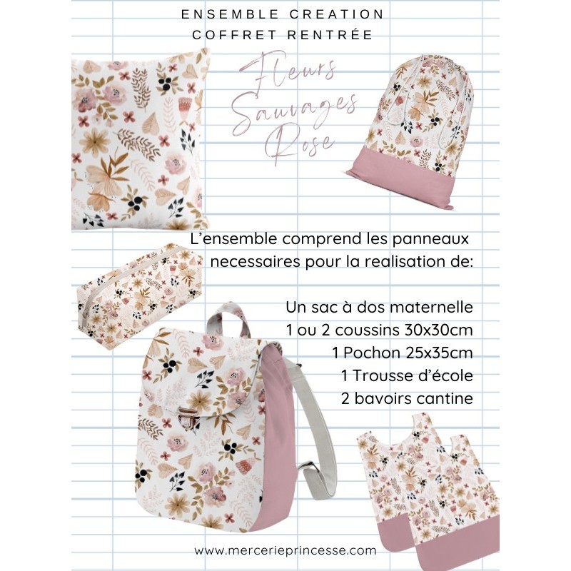 Ensemble Fleurs Sauvages Roses pour rentrée scolaire: sac à dos, pochons, coussins, bavoirs, trousse - coton Oeko-Tex®