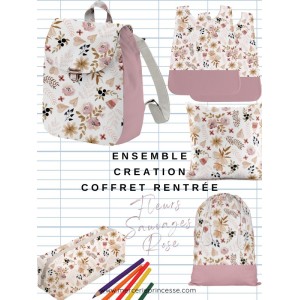 Ensemble Fleurs Sauvages Roses pour rentrée scolaire: sac à dos, pochons, coussins, bavoirs, trousse - coton Oeko-Tex®