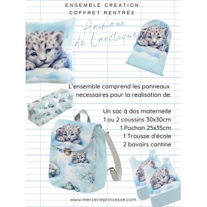Ensemble Animaux de l'Arctique pour rentrée scolaire: sac à dos, pochons, coussins, bavoirs, trousse - coton Oeko-Tex®
