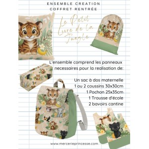 Ensemble Le Petit Livre De La Jungle pour rentrée scolaire: sac à dos, pochons, coussins, bavoirs, trousse - coton Oeko-Tex®