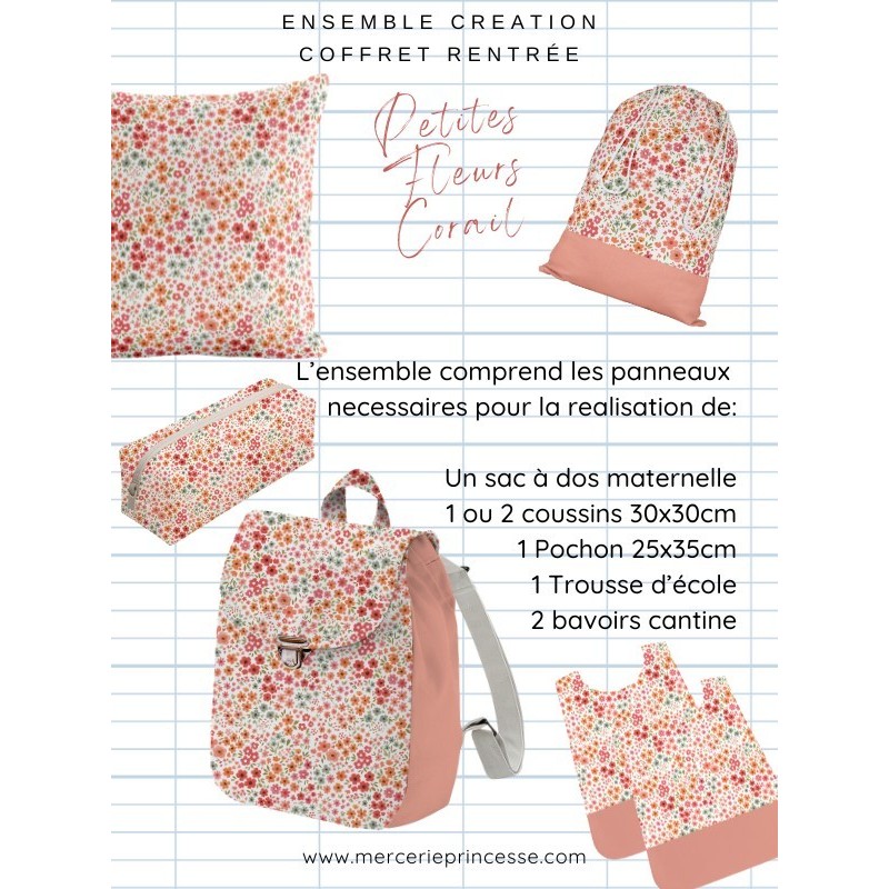 Ensemble Petites Fleurs Corail pour rentrée scolaire: sac à dos, pochons, coussins, bavoirs, trousse - coton Oeko-Tex®