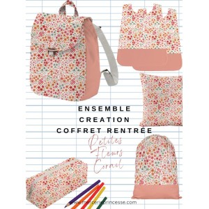 Ensemble Petites Fleurs Corail pour rentrée scolaire: sac à dos, pochons, coussins, bavoirs, trousse - coton Oeko-Tex®
