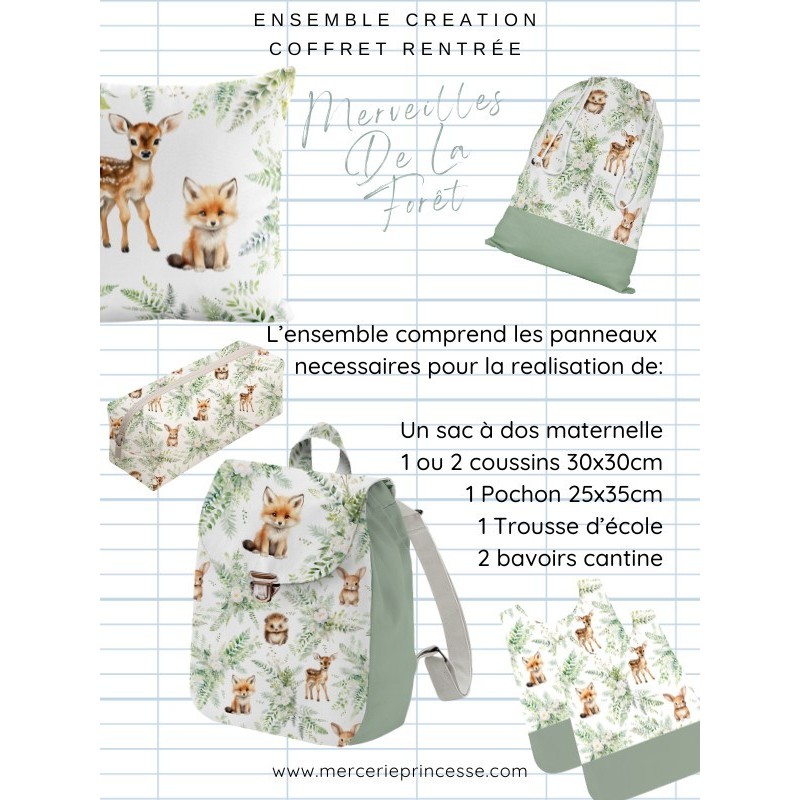 Ensemble Merveilles De La Forêt pour rentrée scolaire: sac à dos, pochons, coussins, bavoirs, trousse - coton Oeko-Tex®