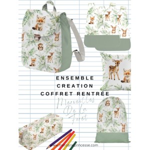 Ensemble Merveilles De La Forêt pour rentrée scolaire: sac à dos, pochons, coussins, bavoirs, trousse - coton Oeko-Tex®