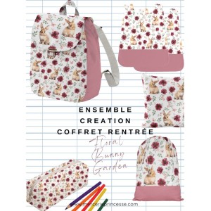 Ensemble Floral Bunny Garden pour rentrée scolaire: sac à dos, pochons, coussins, bavoirs, trousse - coton Oeko-Tex®