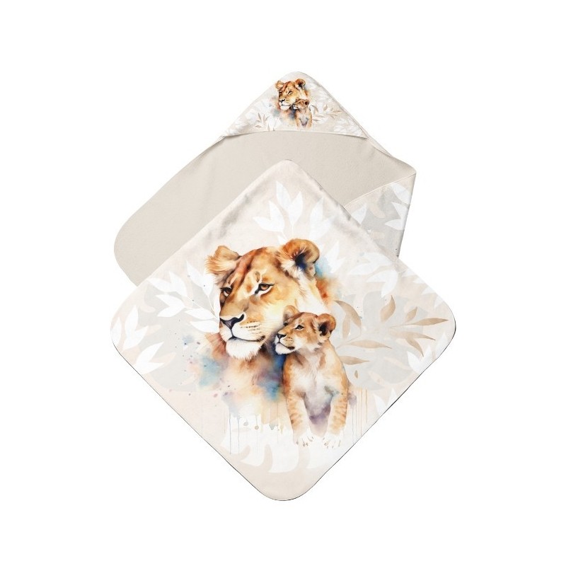Panneau tissu pour cape de bain et lingettes motif "Lionceau et lionne" - Coton OEKO-TEX®  Mercerie des Princesses