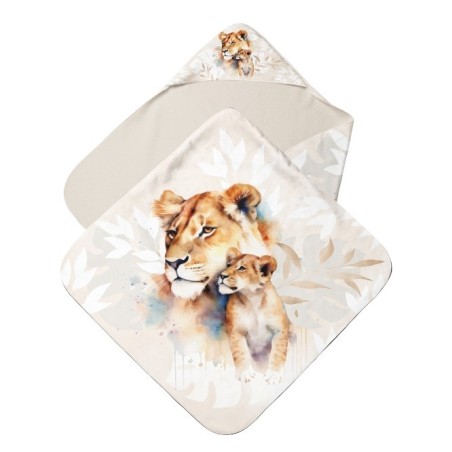 Panneau tissu pour cape de bain et lingettes motif "Lionceau et lionne" - Coton OEKO-TEX®  Mercerie des Princesses