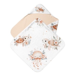 Panneau tissu pour cape de bain et lingettes motif Tortue et Méduse - Coton OEKO-TEX®  Mercerie des Princesses