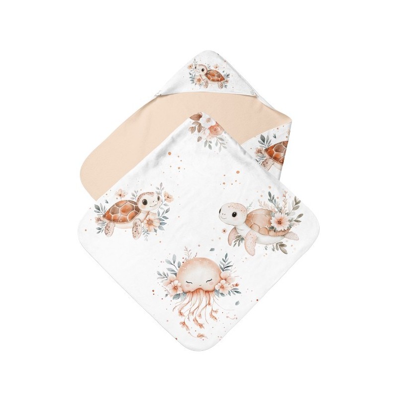 Panneau tissu pour cape de bain et lingettes motif Tortue et Méduse - Coton OEKO-TEX®  Mercerie des Princesses