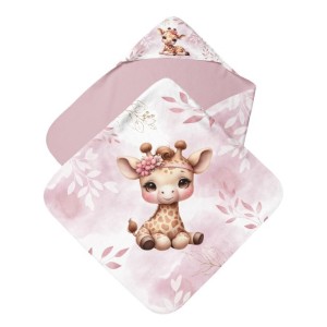 Panneau tissu pour cape de bain et lingettes motif Bébé Girafe Pastel Vieux Rose - Coton OEKO-TEX®  Mercerie des Princesses