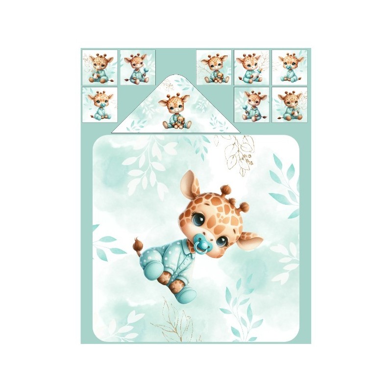 Panneau tissu pour cape de bain et lingettes motif Bébé Girafe Pastel Vert D'eau - Coton OEKO-TEX®  Mercerie des Princesses