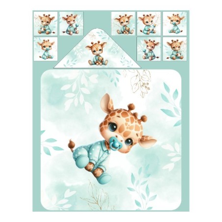 Panneau tissu pour cape de bain et lingettes motif Bébé Girafe Pastel Vert D'eau - Coton OEKO-TEX®  Mercerie des Princesses