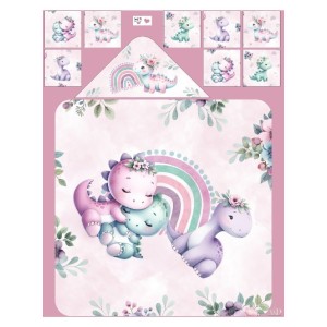 Coupon cape de bain Bébés Dinosaures Rose + 8 lingettes lavables – Oeko-Tex – kit couture facile