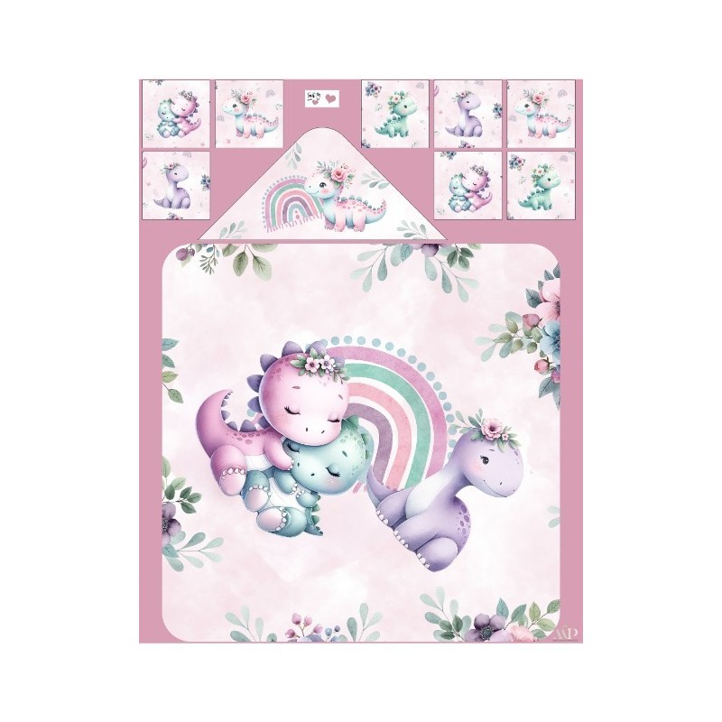 Coupon cape de bain Bébés Dinosaures Rose + 8 lingettes lavables – Oeko-Tex – kit couture facile