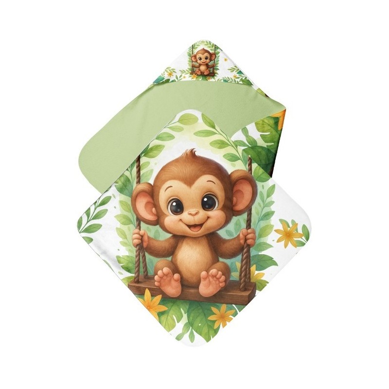 Coupon cape de bain Bébés Singe sur balançoire + 8 lingettes lavables – Oeko-Tex – kit couture facile