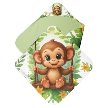 Coupon cape de bain Bébés Singe sur balançoire + 8 lingettes lavables – Oeko-Tex – kit couture facile