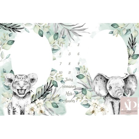 Tissu pour tapis photo étape à réaliser soi même pour jumeaux - Lionceaux de la savane vert d'eau Mercerie des Princesses