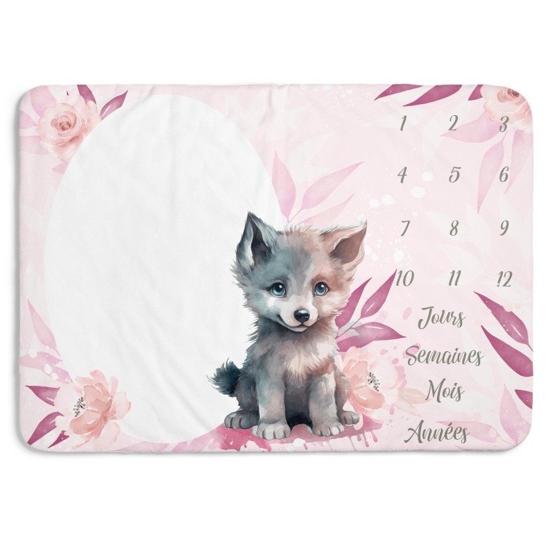 Tapis d'Étapes Bébé Louveteau Rose – Suivi de Croissance en Douceur et Design Floral Mercerie des Princesses