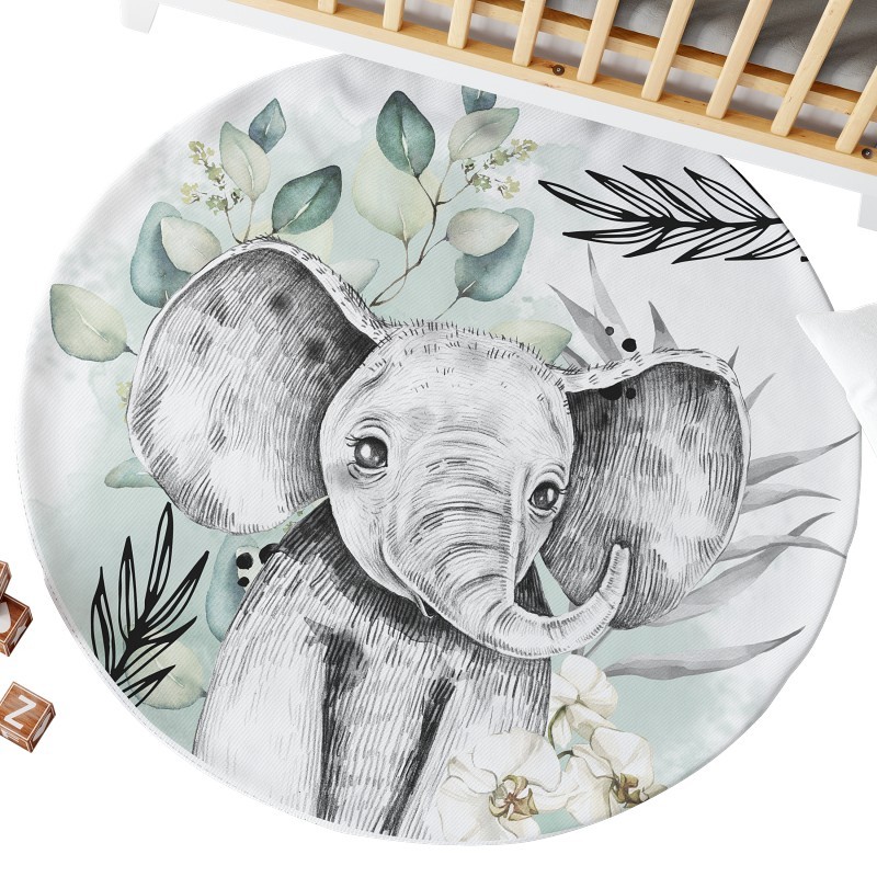 Coupon Ensemble Tapis Rond Eléphant Vert d'eau + 2 coussins Mercerie des Princesses