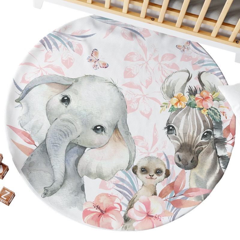 Ensemble Coupon Tapis Rond Tropical Rose + 2 coussins Mercerie des Princesses