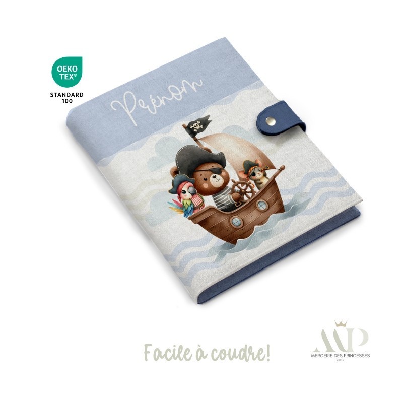 Panneau de couture Protège Carnet de Santé - Motif Ourson Pirates - Animaux Marins DIY - Tissu Patron pour création naissance Me