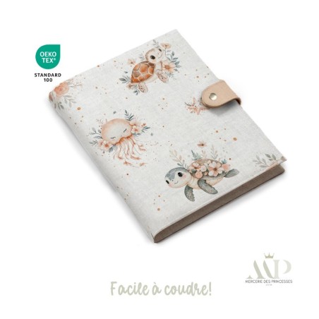 Panneau de couture Protège Carnet de Santé - Motif Tortue & Méduse - Animaux Marins DIY - Tissu Patron pour création naissance M
