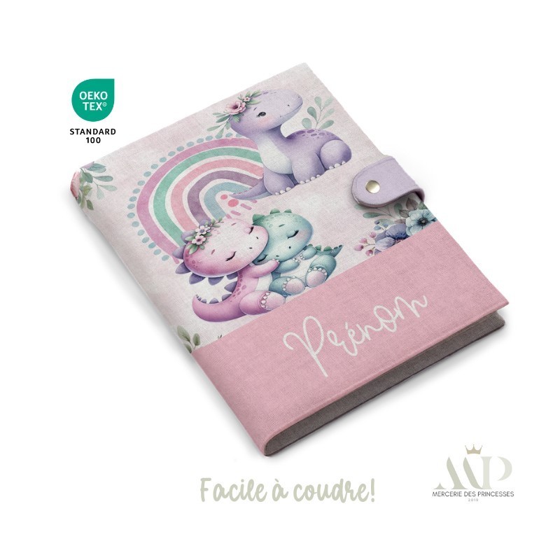 Panneau de couture Protège Carnet de Santé - Motif Bébés Dinosaures Rose - Animaux DIY - Tissu Patron pour création naissance Me
