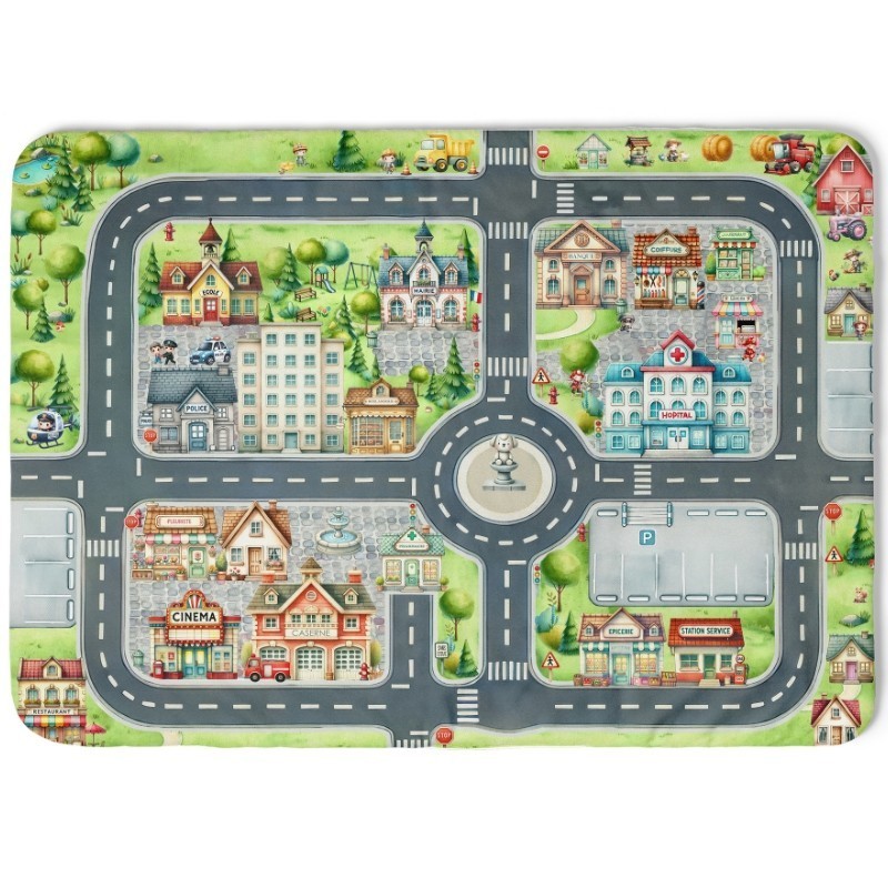 Tapis de jeu pour enfant Ma petite ville 130x100cm en tissu softshell Mercerie des Princesses