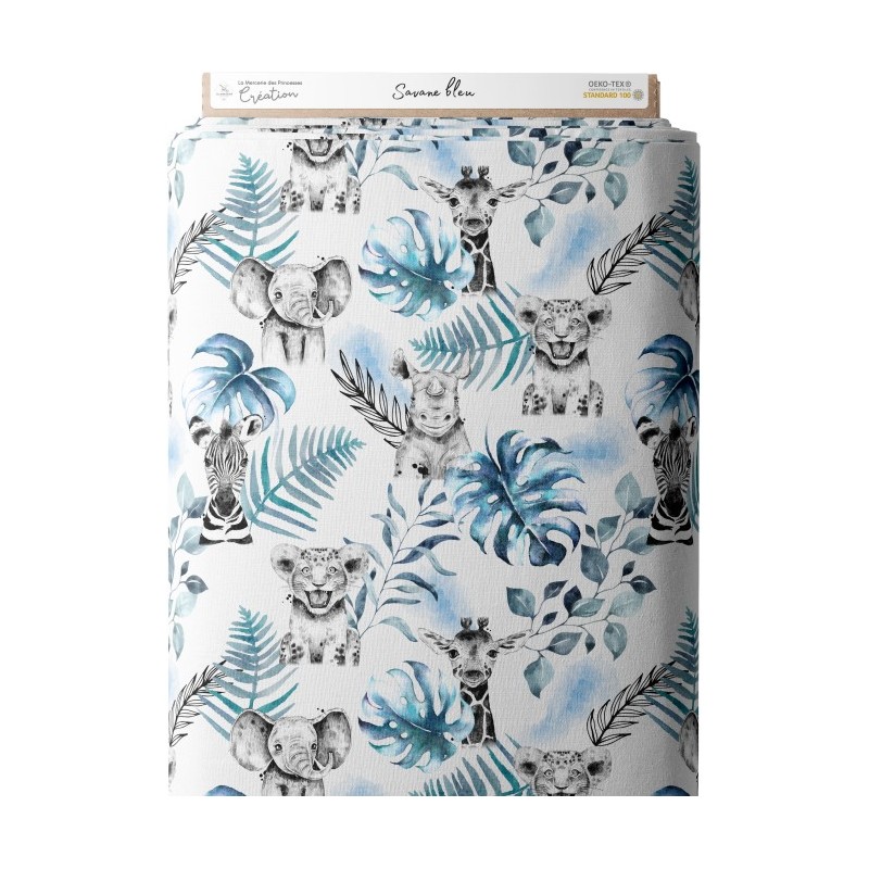 Tissu coton imprimé pour enfants Savane Bleu - Certifié Oeko-Tex® Mercerie des Princesses