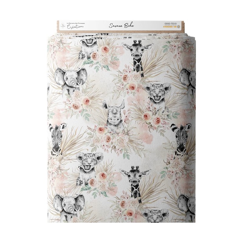 Tissu coton imprimé pour enfants Savane Boho Beige - Certifié Oeko-Tex® Mercerie des Princesses