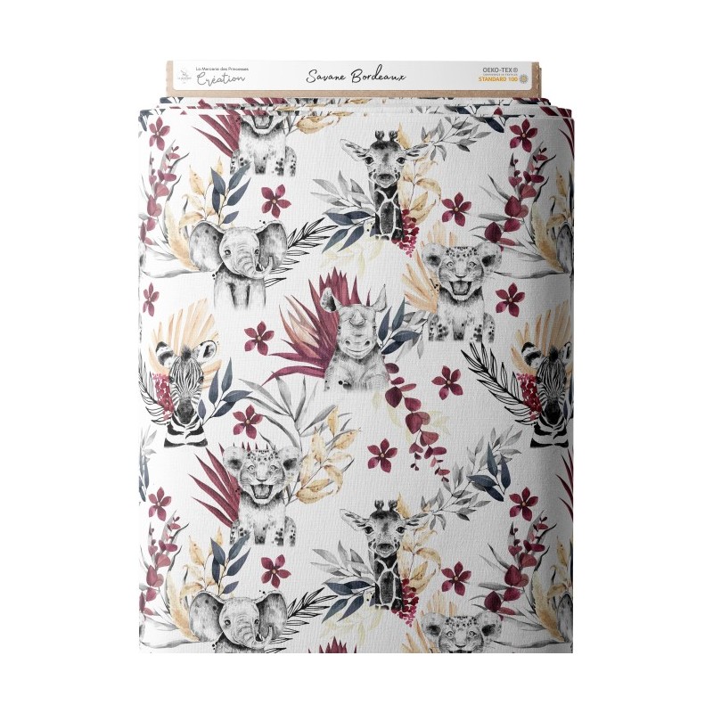 Tissu coton imprimé pour enfants Savane Bordeaux- Certifié Oeko-Tex® Mercerie des Princesses