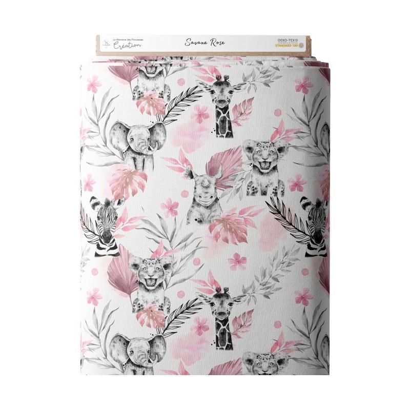 Tissu coton imprimé pour enfants Savane Rose - Certifié Oeko-Tex® standard 100 Mercerie des Princesses