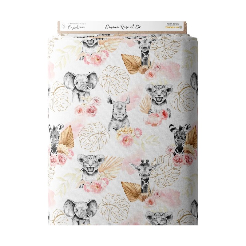 Tissu coton imprimé pour enfants Savane Rose et Or- Certifié Oeko-Tex® Mercerie des Princesses