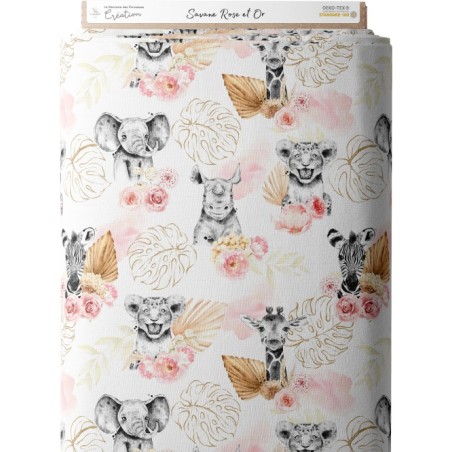 Tissu coton imprimé pour enfants Savane Rose et Or- Certifié Oeko-Tex® Mercerie des Princesses