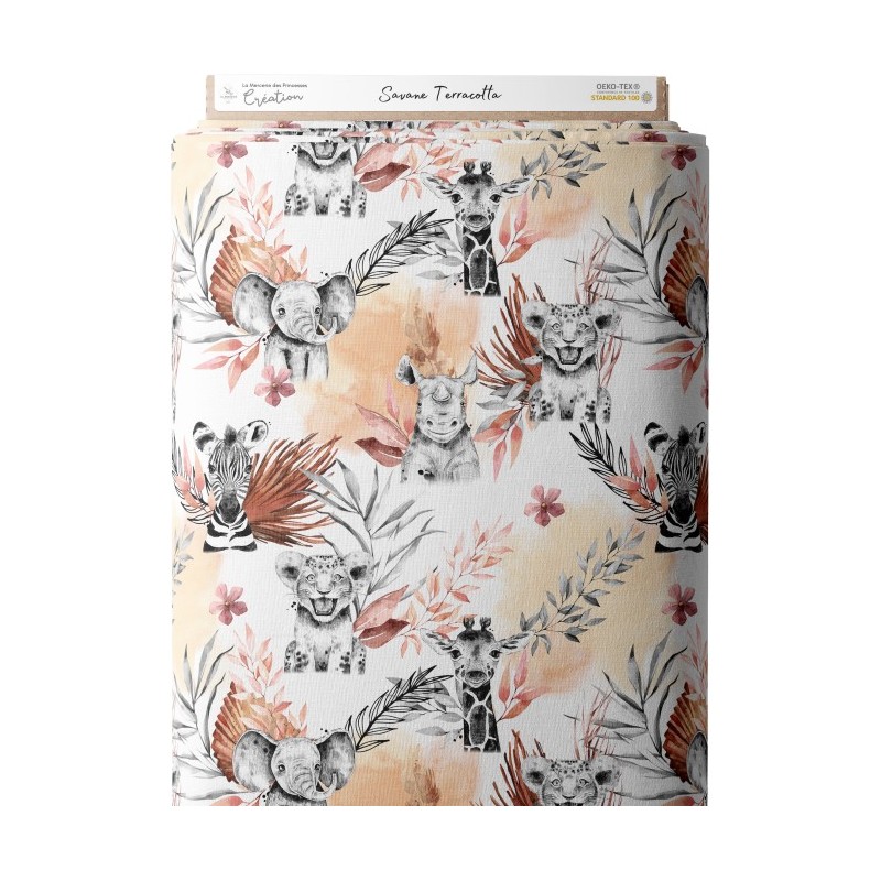 Tissu coton imprimé pour enfants Savane Terracotta- Certifié Oeko-Tex® Mercerie des Princesses