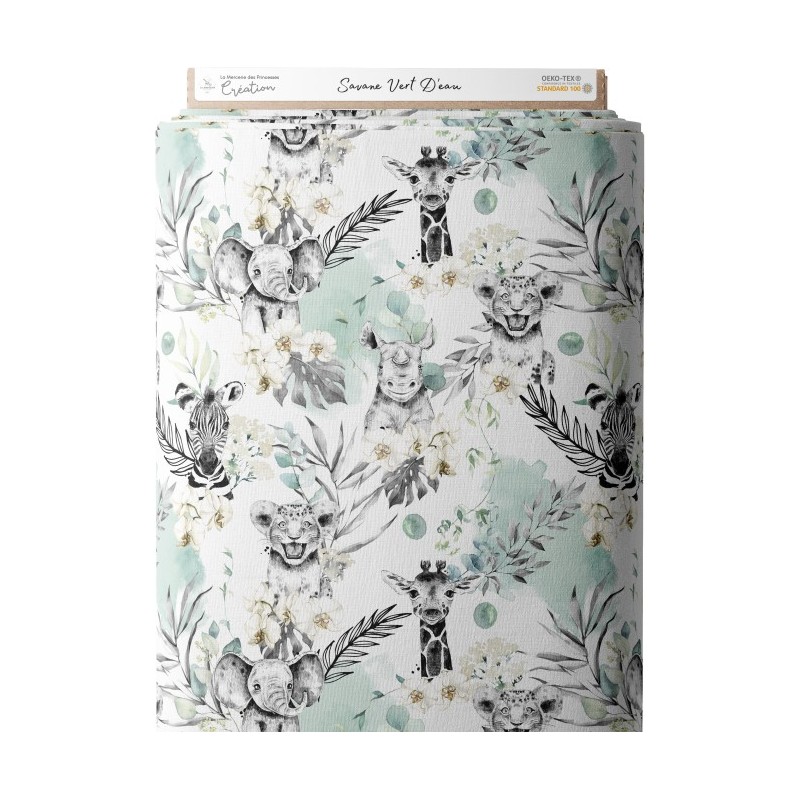 Tissu coton imprimé pour enfants Savane Vert d'eau- Certifié Oeko-Tex® Mercerie des Princesses