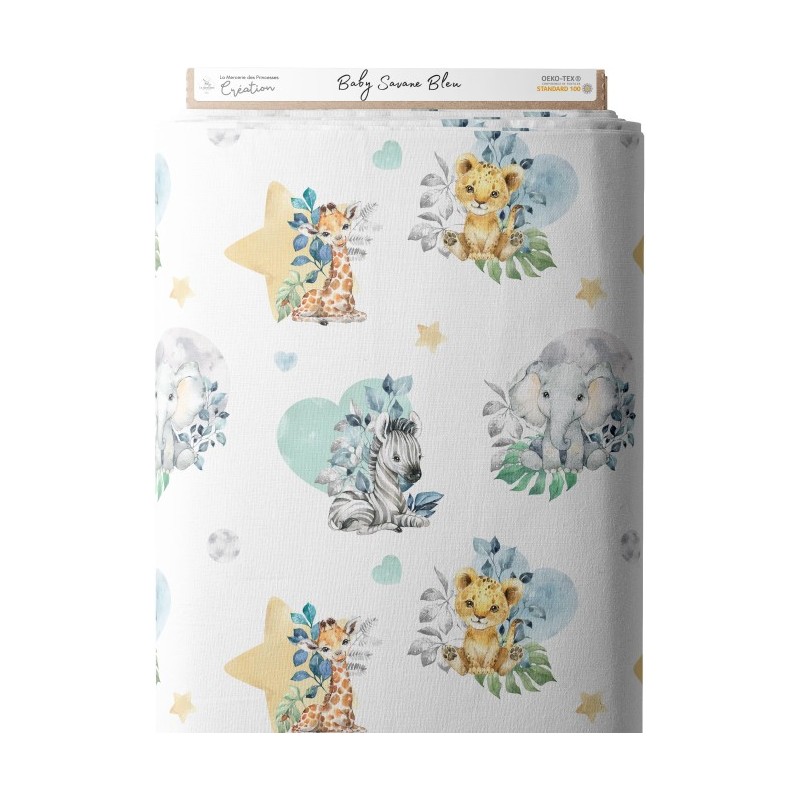 Tissu coton imprimé pour enfants Baby Savane Vert- Certifié Oeko-Tex® Mercerie des Princesses