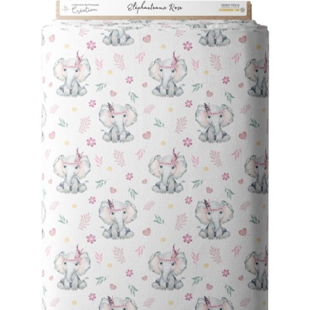 Tissu coton imprimé pour enfants Eléphanteau à plumes rose - Certifié Oeko-Tex® Mercerie des Princesses
