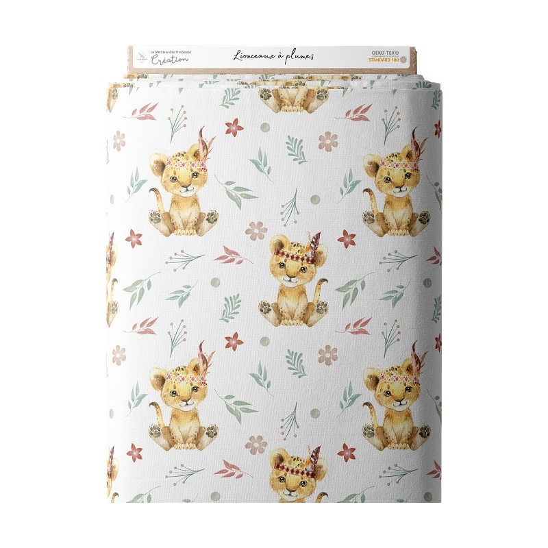 Tissu coton imprimé pour enfants Lionceaux à plumes- Certifié Oeko-Tex® Mercerie des Princesses