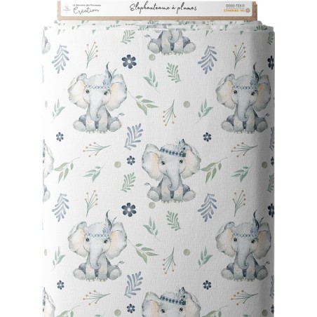 Tissu coton imprimé pour enfants Eléphanteaux bleus à plumes - Certifié Oeko-Tex® Mercerie des Princesses