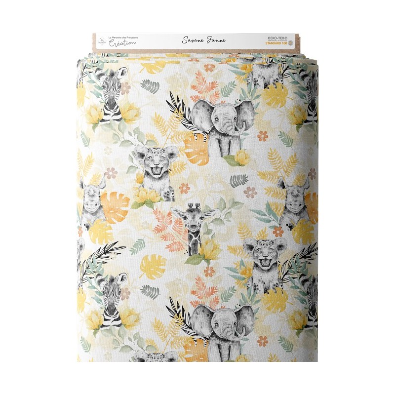 Tissu coton imprimé pour enfants Savane Jaune- Certifié Oeko-Tex® Mercerie des Princesses