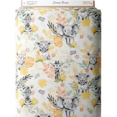 Tissu coton imprimé pour enfants Savane Jaune- Certifié Oeko-Tex® Mercerie des Princesses