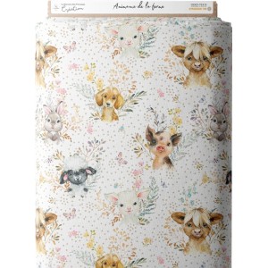 Tissu coton imprimé pour enfants Animaux de la Ferme Blanc - Certifié Oeko-Tex® Mercerie des Princesses